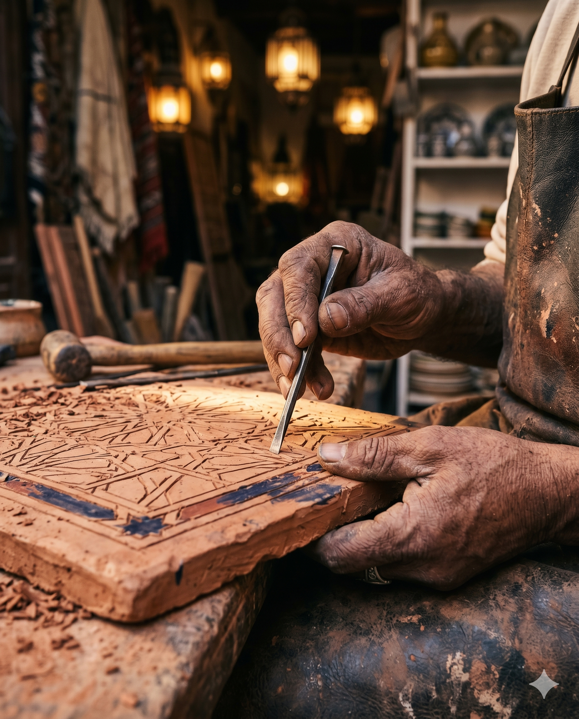 Moroccan artisan crafting zellige tiles